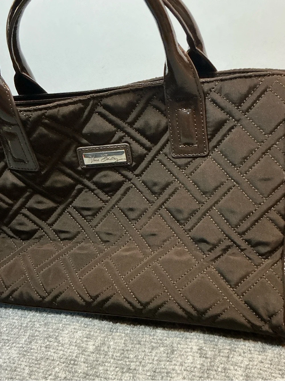 Vera Bradley Quilted Satchel in Dark Brown with Patent Handles